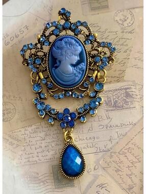 Ornate Blue Maiden Cameo Brooch Rhinestone Swag Teardrop Pin